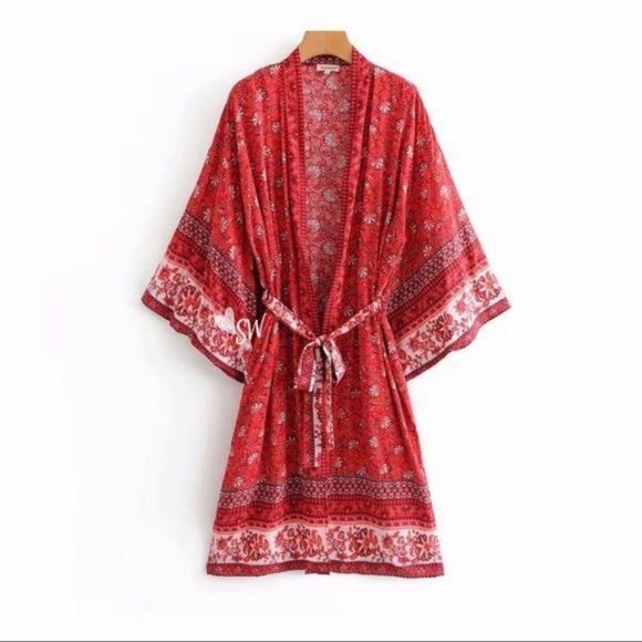 Bohemian Gypsy Print Maxi Kimono Cardigan Red - Picture 2 of 3